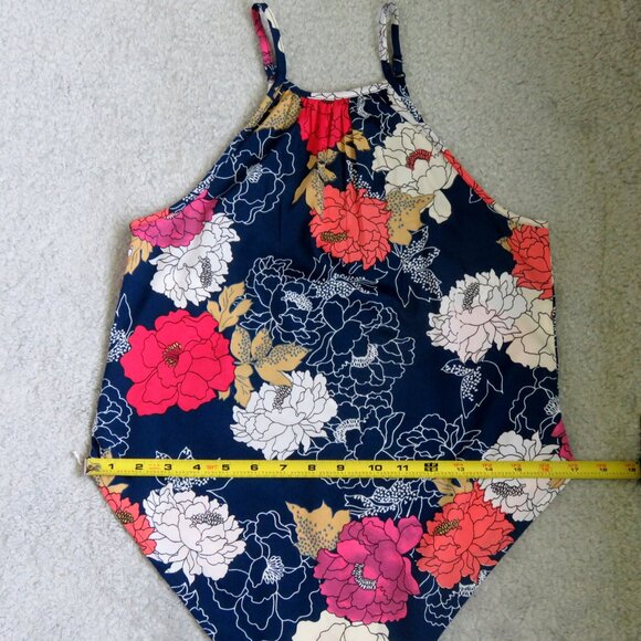 BOG Collective XS Sleeveless Handkerchief High Neck Navy Floral Print Blouse - Picture 7 of 12